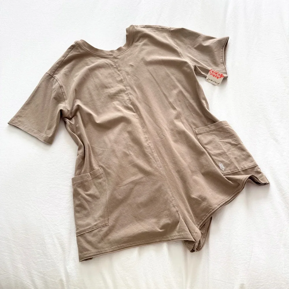 Free People Hot Shot Tee Romper Mocha Latte Oversized Pocket Romper NWT XS